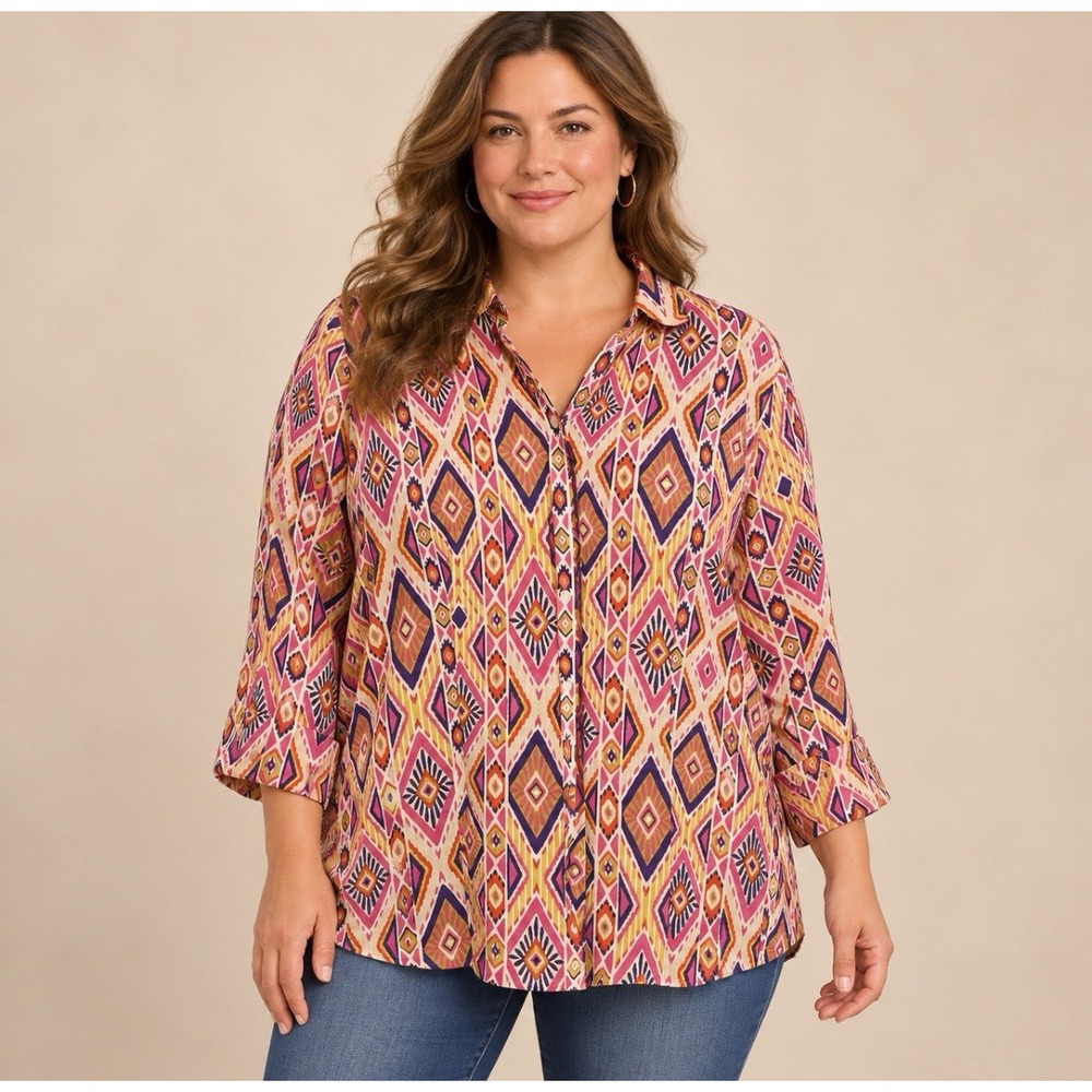 Chico's 100% Linen Button Back Shirt Womens 2 Southwestern Button Up Aztec Boho